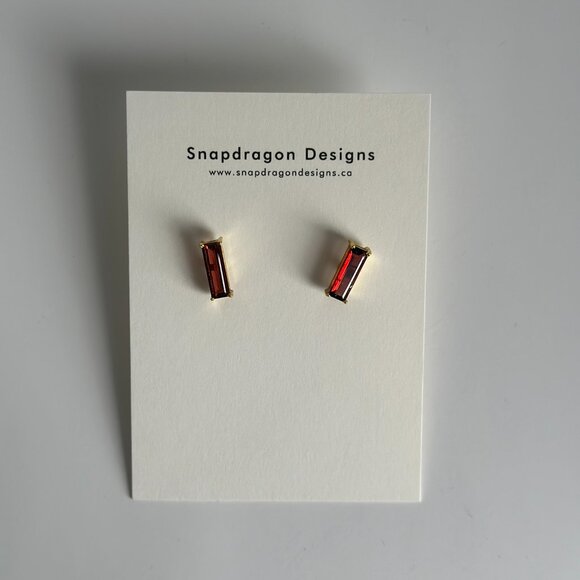 Gold Bar Stud Earrings with Brown Gemstone - Picture 1 of 7